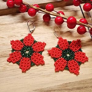 Handcrafted Red and Green Beaded Earrings